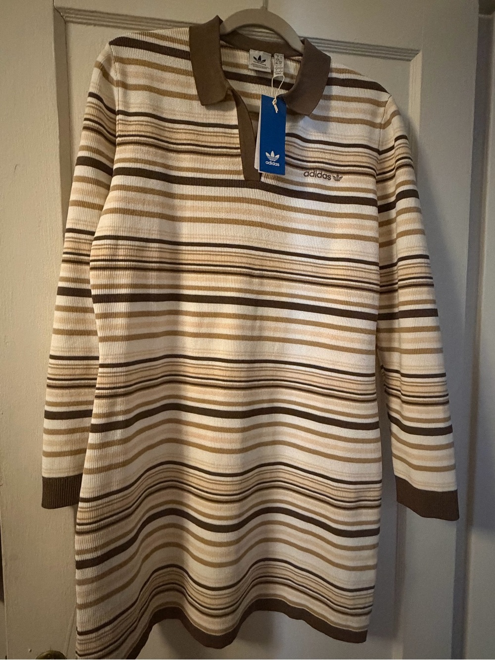 adidas Striped Polo Tunic Dress in Cream and Brown